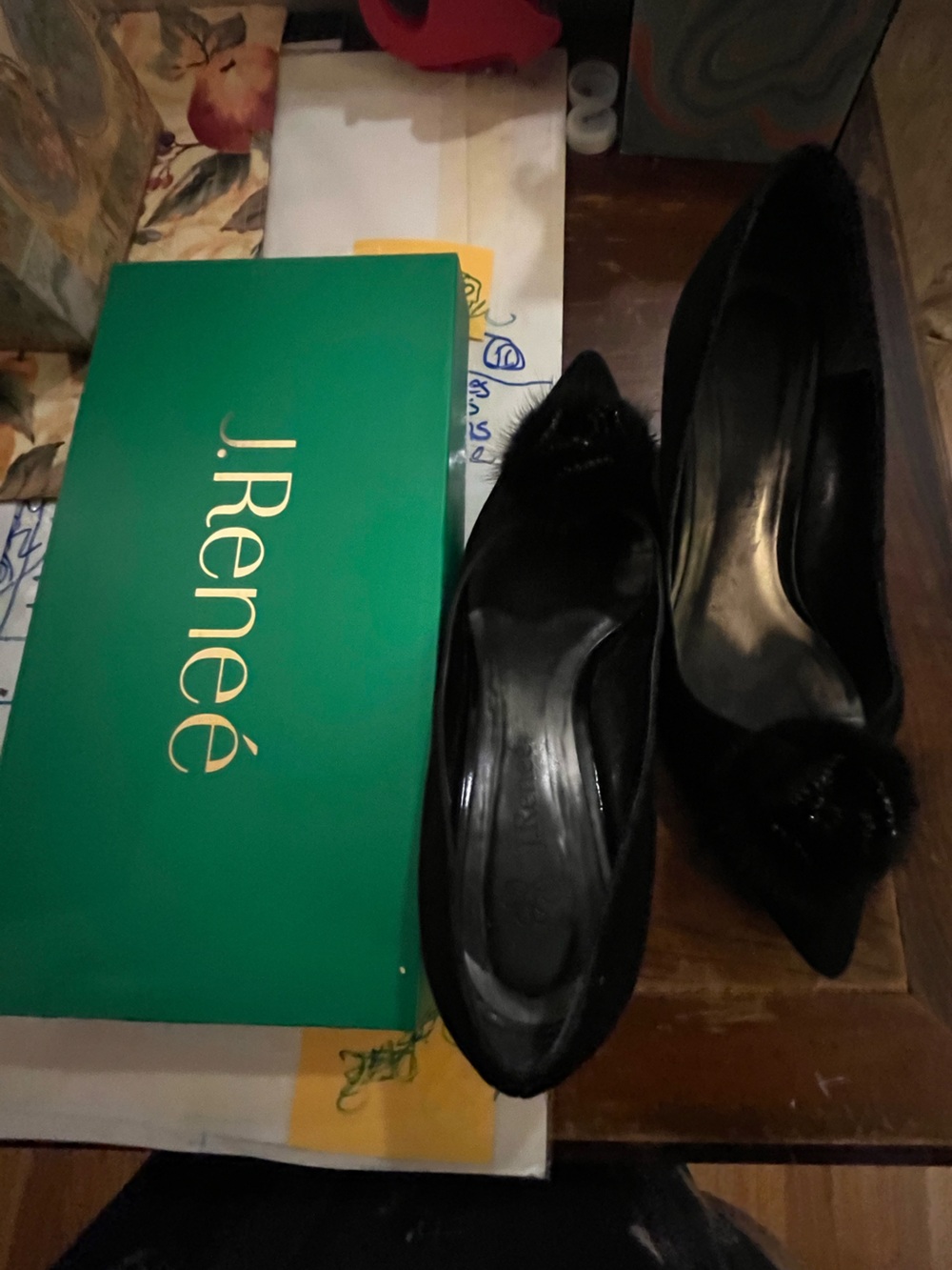 8M JRenee Black Pointed Toe Flats with Pom Detail